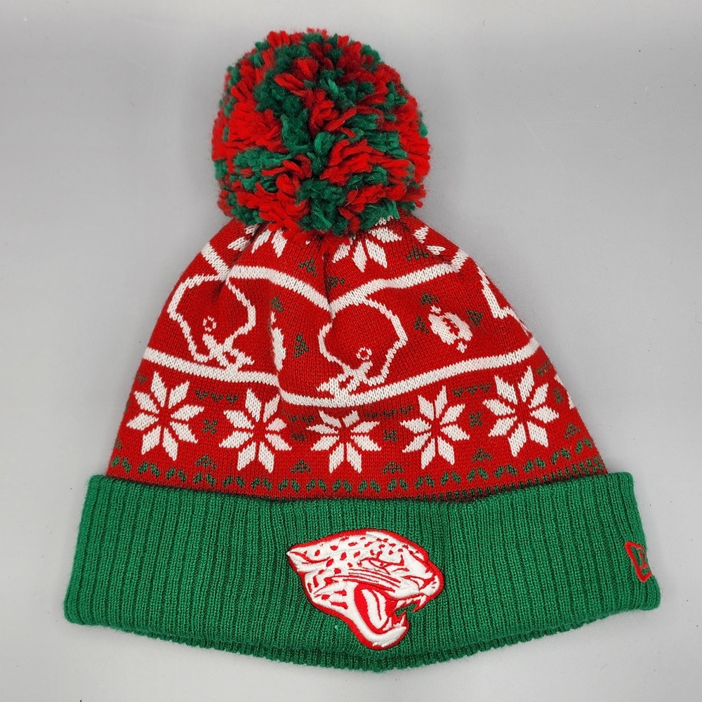 New Era Beanie Unisex Red Green NFL Jacksonville Jaguars Holiday Christmas Pom